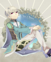 Rule 34 | 10s, 1boy, bad id, bad pixiv id, belt, bishounen, cape, copyright name, full body, jacket, male focus, mikleo (tales), pants, purple eyes, shoes, sitting, solo, tales of (series), tales of zestiria, white hair, yohachi