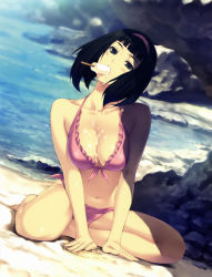 Rule 34 | 1girl, absurdres, arm support, beach, bikini, black eyes, black hair, bob cut, breasts, caucasus, caucasus nanatsuki no nie, cleavage, collarbone, day, food, frilled bikini, frills, front-tie top, hairband, head tilt, highres, hiyama akane, ice cream, innocent grey, large breasts, looking at viewer, mouth hold, navel, popsicle, sexually suggestive, short hair, side-tie bikini bottom, solo, sugina miki, swimsuit
