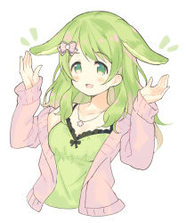Rule 34 | 1girl, :d, animal ears, blush stickers, bow, breasts, camisole, cropped torso, flower, green camisole, green eyes, green hair, hair bow, hair flower, hair ornament, hands up, jacket, kemonomimi mode, long hair, long sleeves, meito (maze), morinaka kazaki, nijisanji, notice lines, open clothes, open jacket, open mouth, pink bow, pink jacket, rabbit ears, sleeves past wrists, small breasts, smile, solo, upper body, virtual youtuber, white flower
