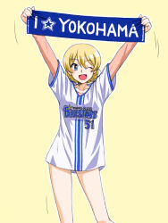 Rule 34 | 1girl, ;d, arms up, banner, baseball, baseball jersey, blonde hair, blue eyes, braid, clothes writing, commentary request, darjeeling (girls und panzer), girls und panzer, highres, holding, jersey, layered sleeves, long sleeves, looking at viewer, motion lines, nippon professional baseball, no pants, one eye closed, oosaka kanagawa, open mouth, outline, shirt, short hair, short over long sleeves, short sleeves, simple background, smile, solo, standing, twin braids, white outline, white shirt, yellow background, yokohama dena baystars