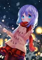 Rule 34 | 1girl, bad id, bad pixiv id, blue eyes, blurry, blurry background, blush, brown coat, brown pantyhose, building, chinomaron, closed mouth, coat, commentary request, depth of field, duffel coat, dutch angle, gochuumon wa usagi desu ka?, hair between eyes, hair ornament, hands up, head tilt, highres, kafuu chino, lamppost, long hair, night, night sky, outdoors, pantyhose, pleated skirt, purple hair, red scarf, red skirt, scarf, signature, skirt, sky, smile, snowflakes, solo, standing, twitter username, very long hair, x hair ornament