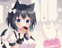 Rule 34 | 1girl, animal ears, bitter crown, black hair, blue eyes, blush, bow, breasts, cat ears, cat girl, cat tail, closed mouth, collared shirt, commentary request, doughnut, food, hair between eyes, hair bow, hands up, heart, holding, holding food, macaron, medium breasts, original, puffy short sleeves, puffy sleeves, shirt, short sleeves, smile, solo, sparkle, tail, tail bow, tail ornament, tail raised, two side up, upper body, white bow, white shirt