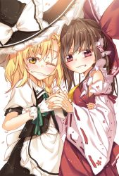 Rule 34 | 2girls, apron, ascot, bad id, bad pixiv id, blonde hair, blush, bow, brown hair, cheek-to-cheek, detached sleeves, dress, grin, hair bow, hair tubes, hakurei reimu, holding hands, hat, hat bow, heads together, highres, ina (inadahime), kirisame marisa, long sleeves, multiple girls, one eye closed, puffy short sleeves, puffy sleeves, red dress, red eyes, ribbon-trimmed sleeves, ribbon trim, shirt, short sleeves, skirt, skirt set, smile, touhou, vest, waist apron, wide sleeves, witch hat, wrist cuffs, yellow eyes, yuri