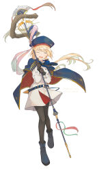 Rule 34 | 1girl, :d, ^ ^, artoria caster (fate), artoria caster (second ascension) (fate), artoria pendragon (fate), belt, beret, black footwear, black gloves, black pantyhose, blonde hair, blue belt, blue bow, blue bowtie, blue cape, blue hat, boots, bow, bowtie, cape, closed eyes, collared dress, dress, english text, facing viewer, fate/grand order, fate (series), full body, gloves, hat, highres, holding, holding staff, kitada, long hair, long sleeves, low twintails, o-ring, o-ring belt, open mouth, pantyhose, simple background, smile, solo, staff, twintails, white background, white dress