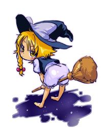 Rule 34 | 1girl, ass, barefoot, bent over, blonde hair, bloomers, braid, broom, broom riding, female focus, from behind, full body, hat, kirisame marisa, looking back, makarori, solo, touhou, underwear, white background, witch, witch hat, yellow eyes