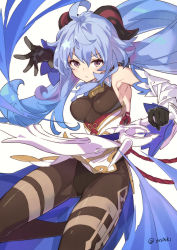1girl, ahoge, armpits, bell, black gloves, black legwear, black leotard, bow (weapon), breasts, closed mouth, commentary, cowbell, cowboy shot, detached sleeves, eyebrows visible through hair, ganyu (genshin impact), genshin impact, gloves, goat horns, hair between eyes, highres, holding, holding bow (weapon), holding weapon, horns, leotard, light blue hair, long hair, looking at viewer, medium breasts, pantyhose, pelvic curtain, purple eyes, simple background, solo, tsurime, twitter username, ushiki yoshitaka, weapon, white background