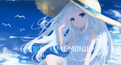 Rule 34 | 1girl, blue eyes, blue sky, brown hat, character request, closed mouth, cloud, day, dress, english text, feet out of frame, hand up, hat, hemorina, long hair, outdoors, puzzle &amp; dragons, sky, sleeveless, sleeveless dress, smile, solo, straw hat, very long hair, white dress, white hair