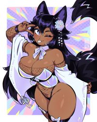 Rule 34 | 1girl, 333 (dqqqdle), animal ears, black hair, black nails, blush, breasts, cleavage, commission, dark-skinned female, dark skin, detached sleeves, fishnet leotard, fishnets, flower, hair flower, hair ornament, highres, large breasts, long hair, multicolored eyes, navel, one eye closed, original, solo, tail, thick thighs, thighs, v, white tongue