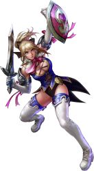 Rule 34 | 1girl, blonde hair, boots, breasts, cassandra alexandra, cleavage, green eyes, highres, kawano takuji, large breasts, long hair, necktie, official art, pink necktie, shield, solo, soul calibur, soulcalibur, soulcalibur iv, sword, thigh boots, thighhighs, weapon