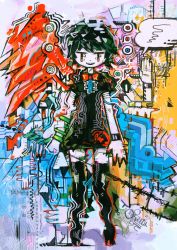 Rule 34 | 1girl, abstract, asymmetrical wings, bad id, bad twitter id, black dress, black hair, bow, colorful, dress, highres, hito (nito563), houjuu nue, looking at viewer, open mouth, polearm, red bow, red eyes, short hair, short sleeves, smile, solo, touhou, trident, weapon, wings