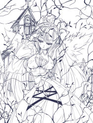 Rule 34 | 1girl, breasts, church, dress, hairband, long hair, monochrome, plant, rozen maiden, ruins, solo, suigintou, vines, wings