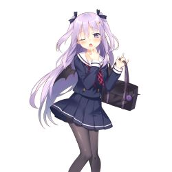 Rule 34 | 1girl, bag, bat wings, black pantyhose, black wings, blush, hair ornament, hand to own mouth, holding, holding bag, light purple hair, looking at viewer, miss barbara, official art, open mouth, pantyhose, pleated skirt, pointy ears, purple eyes, school uniform, skirt, solo, tears, transparent background, two side up, uchi no hime-sama ga ichiban kawaii, wince, wings, yawning