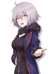 Rule 34 | 1girl, ahoge, black dress, blue jacket, blush, breasts, dress, fate/apocrypha, fate/grand order, fate (series), fingernails, fur-trimmed sleeves, fur collar, fur trim, green eyes, hair between eyes, highres, jacket, jeanne d&#039;arc (fate), jeanne d&#039;arc alter (fate), jeanne d&#039;arc alter (ver. shinjuku 1999) (fate), jewelry, looking at viewer, looking to the side, medium breasts, official alternate costume, open clothes, open jacket, pendant, short hair, silver hair, solo, v-shaped eyebrows, white background, wicked dragon witch ver. shinjuku 1999, yukarite