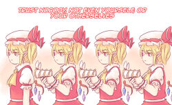 Rule 34 | 4girls, :|, ascot, blonde hair, clone, closed mouth, commentary, crystal, english commentary, flandre scarlet, four of a kind (touhou), frilled wrist cuffs, frills, hat, lunatic gun, meme, mob cap, multiple girls, multiple persona, one side up, pointy ears, puffy short sleeves, puffy sleeves, red eyes, red skirt, red vest, reisen udongein inaba, short sleeves, skirt, touhou, trust nobody not even yourself (meme), vest, white hat, wrist cuffs, yellow ascot, yoruny