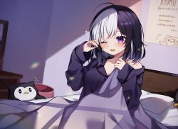 Rule 34 | 1girl, bed, black hair, black pajamas, black shirt, blouse, blush, breasts, collarbone, commission, copyright request, hands up, hazakura chikori, highres, indoors, long sleeves, medium breasts, multicolored hair, one eye closed, open mouth, pajamas, pillow, purple eyes, shirt, sitting, squeans, sleeves past wrists, solo, tears, two-tone hair, under covers, virtual youtuber, wavy mouth, white hair