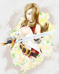 Rule 34 | 00s, 1girl, absurdres, armor, beatrix, belt, breasts, brown hair, cleavage, eyepatch, final fantasy, final fantasy ix, gloves, highres, hiiragi ren, large breasts, long hair, nail polish, pantyhose, red eyes, solo, sword, weapon