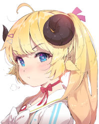 Rule 34 | 1girl, :t, ahoge, andychen, animal ears, blonde hair, blue eyes, blush, bow, bowtie, choker, from side, hair ornament, hairclip, highres, hololive, horns, long hair, looking at viewer, looking to the side, portrait, pout, red choker, ribbon choker, sailor collar, sheep ears, sheep girl, sheep horns, simple background, solo, tsunomaki watame, tsunomaki watame (street casual), v-shaped eyebrows, virtual youtuber, white background, white bow, white bowtie, white sailor collar