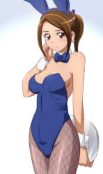 Rule 34 | 10s, 1girl, alternate costume, animal ears, arm behind back, bad id, bad pixiv id, bare shoulders, blue bow, blue bowtie, blue leotard, blush, bow, bowtie, breasts, brown eyes, brown hair, cleavage, clenched hand, closed mouth, cowboy shot, detached collar, earrings, fake animal ears, fake tail, fishnet pantyhose, fishnets, from side, gradient background, hair ornament, hairband, hand on own cheek, hand on own face, high ponytail, highleg, highleg leotard, holding, jewelry, large breasts, leotard, looking at viewer, mature female, oimanji, pantyhose, playboy bunny, ponytail, precure, rabbit ears, rabbit tail, sasaki namie, short hair, short ponytail, sideboob, sidelocks, smile precure!, solo, strapless, strapless leotard, swept bangs, tail, tray, white background, wrist cuffs