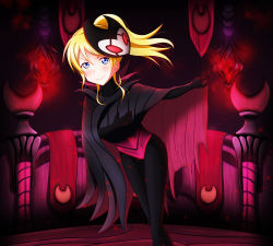 Rule 34 | 1girl, artist request, ayase eli, black dress, black gloves, black pants, blonde hair, blue eyes, blush, breasts, cape, cosplay, dress, elbow gloves, female focus, gloves, grimm (hollow knight), grimm (hollow knight) (cosplay), hair between eyes, highres, hollow knight, long hair, looking at viewer, love live!, love live! school idol project, mask, mask on head, pants, parted lips, ponytail, rojokyd, small breasts, solo, striped clothes, striped dress, vertical-striped clothes, vertical-striped dress
