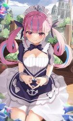 Rule 34 | 1girl, ahoge, anchor print, anchor symbol, blue bow, blue bowtie, blue dress, blue flower, blue hair, blue nails, blue ribbon, blunt bangs, blush, bow, bowtie, braid, breasts, cleavage, closed mouth, colored inner hair, commentary request, dress, flower, frilled dress, frills, hair ribbon, heart, heart hands, highres, hololive, long hair, looking at viewer, maid, maid headdress, medium breasts, minato aqua, minato aqua (1st costume), multicolored hair, outdoors, purple eyes, purple hair, ribbon, short sleeves, sitting, smile, solo, streaked hair, thomas 8000, twin braids, twintails, two-tone hair, virtual youtuber, wrist cuffs