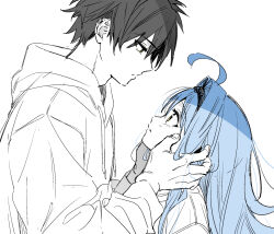 Rule 34 | 1boy, 1girl, ahoge, blue hair, couple, eye contact, hands on another&#039;s cheeks, hands on another&#039;s face, hetero, hood, hoodie, kise itsuki, long hair, looking at another, monochrome, original, parted lips, sketch, spot color, yellow eyes