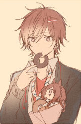 Rule 34 | 1boy, 1girl, black jacket, brother and sister, brown background, brown eyes, brown hair, collar x malice, collared shirt, doughnut, food, holding, holding food, hoshino ichika (collar x malice), hoshino kazuki (collar x malice), jacket, long sleeves, male focus, shirt, short hair, siblings, sswaves, white shirt