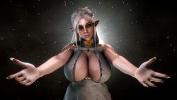 Rule 34 | 1girl, 3d, breasts, cleavage, cleavage cutout, clothing cutout, commentary, dress, ear piercing, english commentary, grey dress, grey hair, hemera (nyxsmanor), highres, incoming hug, large breasts, looking at viewer, nyxsmanor, original, piercing, pointy ears, realistic, smile, solo, white hair, yellow eyes