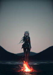 Rule 34 | 1girl, absurdres, black pantyhose, blurry, campfire, closed mouth, controller, depth of field, embers, floating hair, girls&#039; frontline, glowing, glowing eye, grey hair, hair over one eye, hand up, headgear, highres, holding, long hair, long sleeves, looking at viewer, m4 sopmod ii (girls&#039; frontline), mienthoa, military, military uniform, multicolored hair, outdoors, pantyhose, red eyes, remote control, scenery, solo, standing, streaked hair, uniform