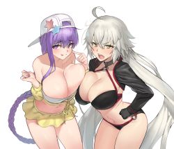 Rule 34 | 2girls, ahoge, asymmetrical hair, backwards hat, bare shoulders, baseball cap, bb (fate), bb (fate) (all), bb (swimsuit mooncancer) (fate), bb (swimsuit mooncancer) (first ascension) (fate), bikini, bikini top only, black bikini, black gloves, black jacket, blush, braid, breast press, breasts, choker, cleavage, closed mouth, collarbone, cropped jacket, fate/grand order, fate (series), female focus, gloves, hands on own hips, hat, hat ornament, highres, jacket, jeanne d&#039;arc alter (swimsuit berserker) (fate), jeanne d&#039;arc (fate), jeanne d&#039;arc alter (fate), jeanne d&#039;arc alter (swimsuit berserker) (fate), large breasts, long hair, long sleeves, looking at viewer, matching hair/eyes, multiple girls, nail polish, navel, o-ring, o-ring bikini, open mouth, purple eyes, purple hair, purple nails, shrug (clothing), silver hair, simple background, skirt, smile, star (symbol), star hat ornament, swimsuit, thighs, tongue, tongue out, urrrt, very long hair, white background, white bikini, yellow eyes, yellow jacket, yellow skirt