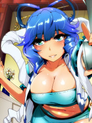 Rule 34 | 1girl, bad id, bad pixiv id, blue hair, breasts, cleavage, hair ornament, hairpin, huge breasts, hyudora, jewelry, kaku seiga, large breasts, lips, looking at viewer, parted lips, plump, ring, shawl, smile, solo, touhou