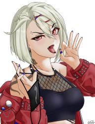 Rule 34 | absurdres, arm tattoo, blonde hair, blue nails, breasts, clothes pull, fellatio gesture, girls&#039; frontline, highres, jacket, jacket pull, leather, leather jacket, mask, nail polish, neck tattoo, piercing, red eyes, sharp teeth, snake tattoo, solo, sr-2 (girls&#039; frontline), suggestive pose, tattoo, teeth, tongue, tongue out, white background, xxpulp