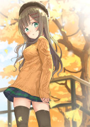 Rule 34 | 1girl, autumn, autumn leaves, bad id, bad pixiv id, beret, black thighhighs, blurry, blush, breasts, brown hair, brown hat, brown sweater, casual, commentary request, contemporary, cowboy shot, depth of field, fence, from behind, green eyes, green skirt, hair ornament, hairclip, hat, highres, long hair, looking at viewer, maigoyaki, medium breasts, miniskirt, open mouth, original, outdoors, plaid, plaid skirt, ribbed sweater, skirt, sleeves past wrists, solo, sweater, thighhighs, tree