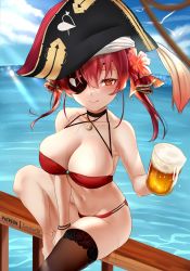 Rule 34 | 1girl, alcohol, anklet, arrow through heart, bandeau, bare shoulders, beer, beer mug, bikini, black thighhighs, blush, breasts, cup, day, eyepatch, eyepatch bikini, flower, hair flower, hair ornament, hair ribbon, hat, highres, holding, holding cup, hololive, houshou marine, jewelry, lace, lace-trimmed legwear, lace trim, large breasts, long hair, looking at viewer, mug, outdoors, parted lips, pirate, red bikini, red eyes, red hair, ribbon, single thighhigh, sitting, skindentation, smile, solo, swimsuit, thighhighs, thighs, twintails, virtual youtuber, wet, zasshu