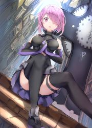 Rule 34 | 1girl, armor, armored dress, black dress, black thighhighs, dress, fate/grand order, fate (series), gloves, hair over one eye, highres, holding hands, looking at viewer, mash kyrielight, mosta (lo1777789), pink eyes, pink hair, shield, short hair, sitting, sky, sleeveless, solo, stairs, thighhighs, town