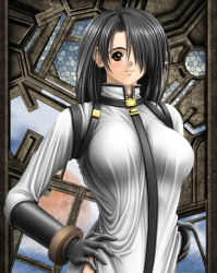 Rule 34 | 1girl, black hair, breasts, brown eyes, gloves, hand on own hip, large breasts, norita, solo, stained glass, strap