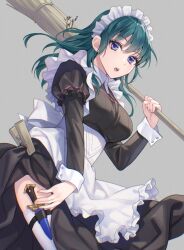 Rule 34 | 1girl, alternate costume, apron, black dress, blue eyes, blue hair, breasts, byleth (female) (fire emblem), byleth (fire emblem), dress, enmaided, fire emblem, fire emblem: three houses, frilled apron, frills, green hair, grey background, hair between eyes, highres, large breasts, long hair, long sleeves, looking at viewer, maid, maid apron, maid headdress, medium hair, nintendo, open mouth, puffy sleeves, simple background, solo, thighhighs, waist apron, white apron, white thighhighs, yamigo