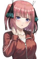 Rule 34 | 1girl, :o, blue eyes, blunt bangs, blush, breasts, butterfly hair ornament, collarbone, commentary request, fagi (kakikaki), go-toubun no hanayome, hair ornament, hair ribbon, hand up, jacket, long sleeves, looking at viewer, medium breasts, nakano nino, open mouth, pink hair, purple eyes, red jacket, revision, ribbon, solo, track jacket, two side up, upper body