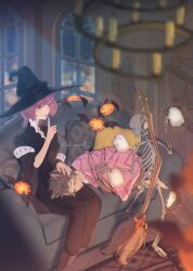 Rule 34 | 1boy, 1girl, animal ears, barefoot, blanket, blurry, blurry foreground, blush, broom, brown hair, chandelier, closed eyes, couch, finger to mouth, ghost, halloween, hat, highres, index finger raised, indoors, jack-o&#039;-lantern, lap pillow, long hair, long sleeves, lying, on couch, on side, original, purple hair, short hair, shushing, sitting, skeleton, sleeping, smile, sua lucid, tail, window, witch, witch hat