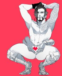 Rule 34 | 2boys, bara, cassidy (overwatch), facial hair, francishsie, hanzo (overwatch), highres, male focus, monochrome, multiple boys, muscular, nude, overwatch, overwatch 1, restrained, tattoo