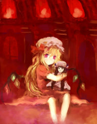 Rule 34 | 1girl, akn, bad id, bad pixiv id, blonde hair, bow, character doll, doll, dress, embodiment of scarlet devil, female focus, flandre scarlet, hair ribbon, hat, indoors, long hair, mob cap, patchouli knowledge, red theme, ribbon, side ponytail, solo, touhou, wings