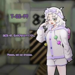 Rule 34 | 1girl, :3, :d, ahoge, backpack, bag, blush, curly hair, drawstring, english text, facepaint, female focus, green eyes, half-closed eyes, hand up, headband, heterochromia, huyusaki taiga, lobotomy corporation, long sleeves, medium hair, open mouth, parted bangs, personification, pom pom (clothes), project moon, purple eyes, shorts, sleepy, smile, solo, thick eyebrows, void dream, white hair