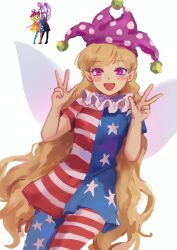 Rule 34 | 1girl, :d, american flag dress, american flag legwear, blonde hair, clownpiece, commentary, double w, english commentary, hat, highres, himuhino, jester cap, long hair, looking at viewer, neck ruff, open mouth, pink eyes, pointy ears, reference inset, short sleeves, simple background, smile, touhou, very long hair, w, white background, wings