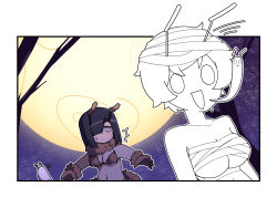 Rule 34 | 4koma, activity ant (gomulgong), ant girl, antennae, bandages, border, breasts, cleavage, comic, glasses ant (gomulgong), gomulgong, halloween, halloween costume, medium breasts, mummy costume, naked bandage, navel, night, night sky, no nose, open mouth, original, outdoors, outline, sky, star (sky), starry sky, tired ant (gomulgong), underboob, werewolf costume, white border, white outline