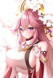 Rule 34 | 1girl, bare shoulders, blurry, blurry foreground, blush, breasts, closed mouth, commentary request, depth of field, detached sleeves, fox shadow puppet, genshin impact, hair between eyes, hands up, highres, katsushika pachi, large breasts, long hair, long sleeves, looking at viewer, pink hair, purple eyes, shirt, sideboob, sleeveless, sleeveless shirt, smile, solo, upper body, very long hair, white shirt, white sleeves, wide sleeves, yae miko
