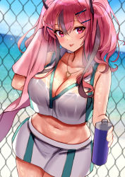 Rule 34 | 1girl, absurdres, azur lane, bare shoulders, beach, blue sky, bow, breasts, bremerton (azur lane), bremerton (scorching-hot training) (azur lane), chain-link fence, collarbone, commentary request, crop top, crop top overhang, day, denchu (kazudentyu), drying, fence, grey hair, hair between eyes, hair bow, hair ornament, hairclip, heart, heart necklace, highres, jewelry, large breasts, long hair, looking at viewer, midriff, mole, mole on breast, multicolored hair, navel, necklace, ocean, outdoors, pink hair, see-through, shiny skin, sky, sportswear, streaked hair, sweat, tennis uniform, tongue, tongue out, towel, twintails, two-tone hair, two-tone shirt, two-tone skirt, unfinished, wet, wet clothes, x hair ornament