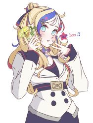 Rule 34 | 1girl, anchor hair ornament, beret, blonde hair, blue hair, buttons, commandant teste (kancolle), commentary request, cowboy shot, double-breasted, dress, drink, food, french text, fruit, hair ornament, hat, highres, jacket, kantai collection, lemon, lemon slice, long hair, looking at viewer, multicolored hair, nanakoma, ponytail, red hair, simple background, solo, streaked hair, swept bangs, wavy hair, white background, white hair