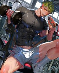 Rule 34 | 1boy, black jacket, black shirt, blush, dumbbell, exercising, food, green hair, gym, holding, holding food, jacket, large pectorals, male focus, muscular, muscular male, off shoulder, one piece, open clothes, open jacket, pectorals, roronoa zoro, runa (nori31291404), shirt, short hair, shorts, solo, sweat, thick thighs, thighs, weightlifting, white shirt