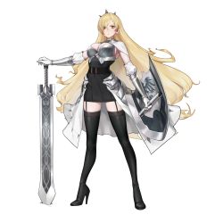 Rule 34 | 1girl, absurdres, blonde hair, breasts, cleavage, dress, garter straps, gorgeous mushroom, high heels, highres, holding, holding shield, holding sword, holding weapon, illusion connect, large breasts, long hair, official art, parted lips, shield, simple background, solo, standing, sword, thighhighs, third-party source, transparent background, victoria (illusion connect), weapon, yellow eyes