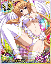 Rule 34 | 1girl, ahoge, angel, angel wings, bare shoulders, bikini, bow, bow bikini, breasts, brown hair, card (medium), chess piece, choker, elbow gloves, female focus, frills, gloves, gluteal fold, hair between eyes, high school dxd, high school dxd born, large breasts, looking at viewer, midriff, navel, official art, purple eyes, rook (chess), shidou irina, smile, solo, swimsuit, thighhighs, twintails, underboob, white wings, wings