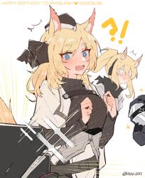 Rule 34 | !?, 1other, 3girls, ambiguous gender, animal ear fluff, animal ears, arknights, aunt and niece, black bow, black gloves, black headwear, black jacket, black shirt, blonde hair, blue eyes, blush, bow, dated, doctor (arknights), emphasis lines, english text, fang, gloves, hair bow, happy birthday, hat, headset, highres, hood, hood up, horse ears, horse girl, horse tail, jacket, jewelry box, kyou 039, long hair, mask, misunderstanding, multiple girls, nearl (arknights), open mouth, out of frame, ponytail, shirt, skin fang, tail, thick eyebrows, twitter username, whislash (arknights), white jacket